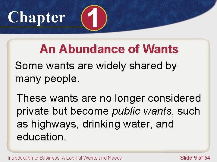 Chapter 1 An Abundance of Wants Some wants are widely shared by many people.