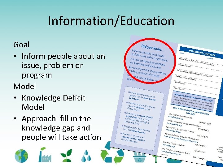 Information/Education Goal • Inform people about an issue, problem or program Model • Knowledge