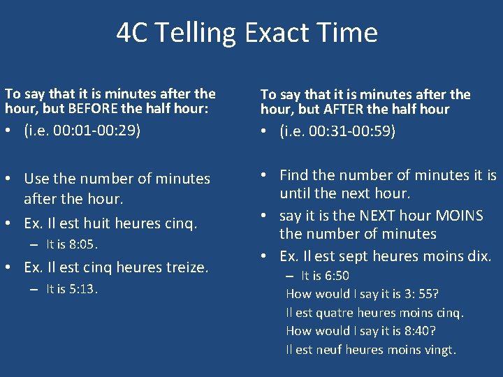 4 C Telling Exact Time To say that it is minutes after the hour,