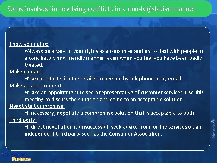 Chapter 3: Resolving consumer conflict: legislative methods Steps involved in resolving conflicts in a