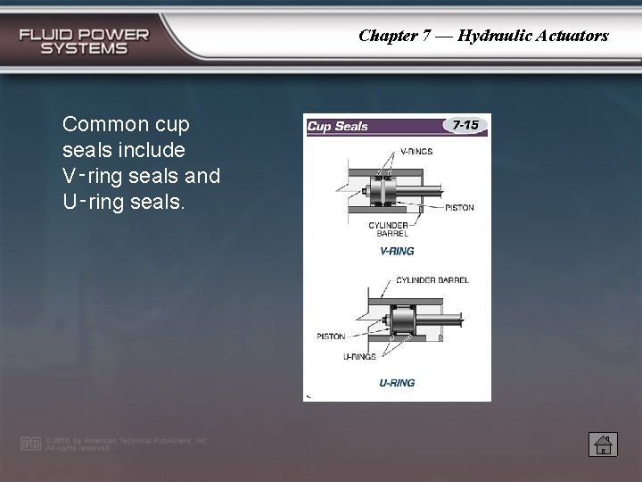 Chapter 7 — Hydraulic Actuators Common cup seals include V‑ring seals and U‑ring seals.