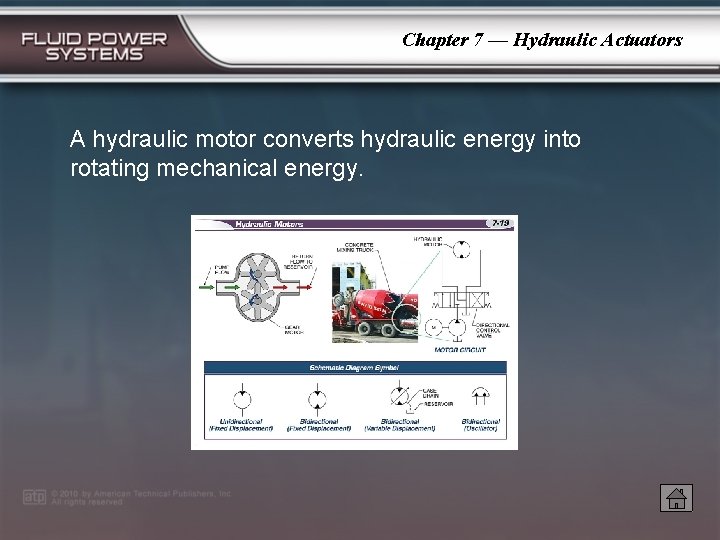 Chapter 7 — Hydraulic Actuators A hydraulic motor converts hydraulic energy into rotating mechanical