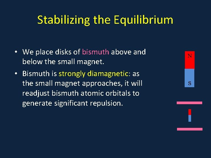 Stabilizing the Equilibrium • We place disks of bismuth above and below the small