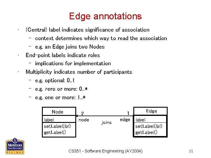 Edge annotations • • • (Central) label indicates significance of association – context determines