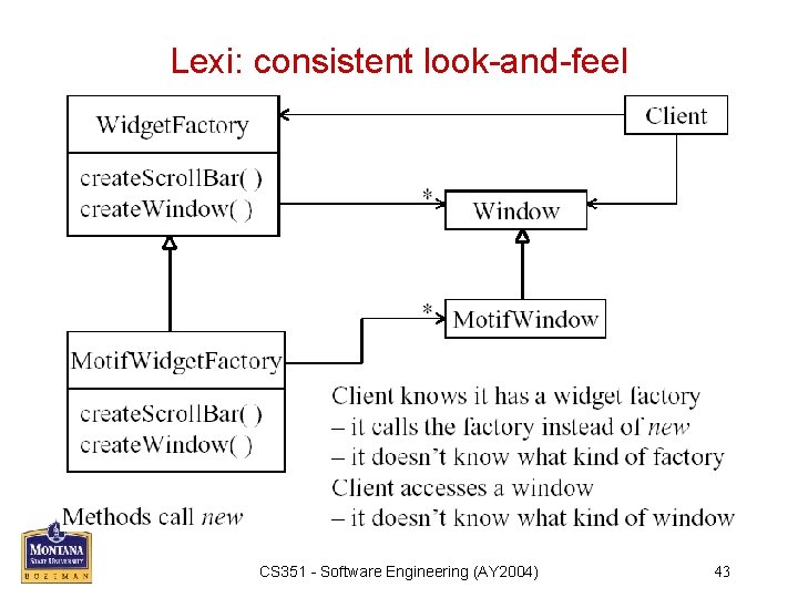 Lexi: consistent look-and-feel CS 351 - Software Engineering (AY 2004) 43 