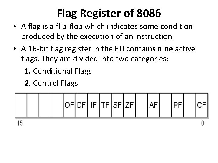 Flag Register of 8086 • A flag is a flip-flop which indicates some condition