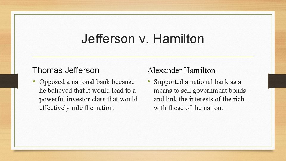 Jefferson v. Hamilton Thomas Jefferson • Opposed a national bank because he believed that