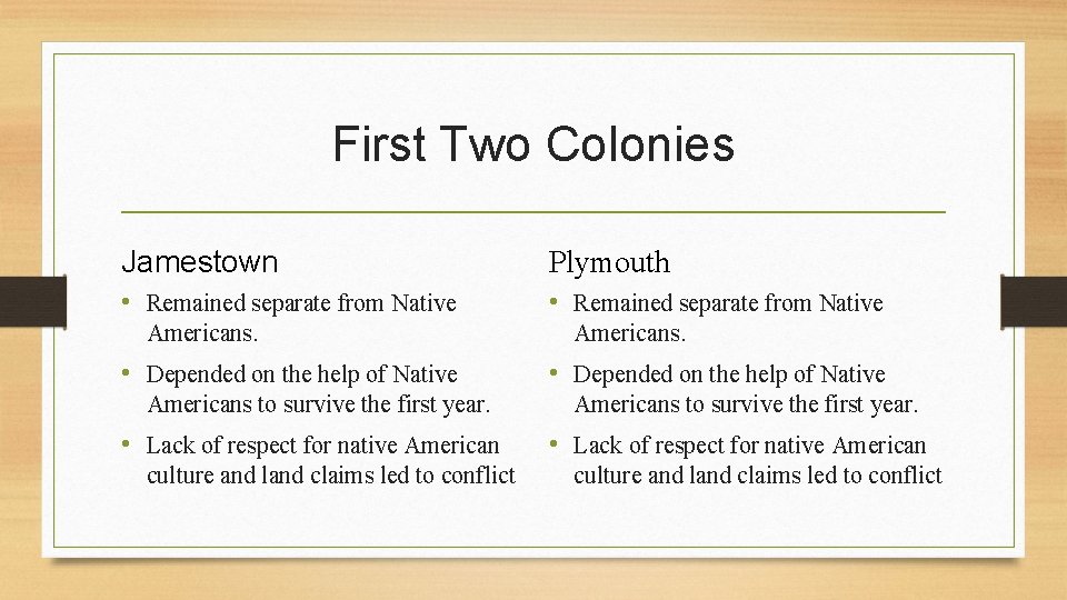 First Two Colonies Jamestown Plymouth • Remained separate from Native Americans. • Depended on