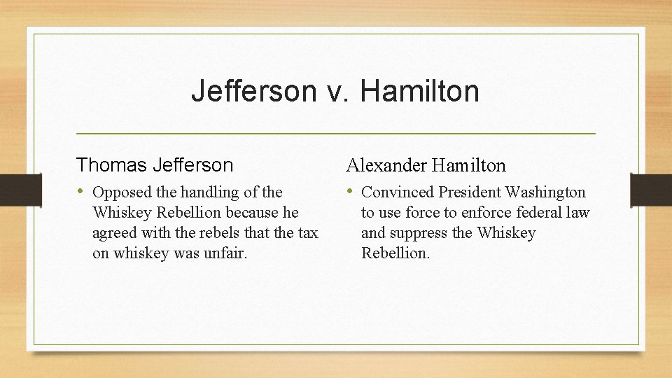 Jefferson v. Hamilton Thomas Jefferson • Opposed the handling of the Whiskey Rebellion because