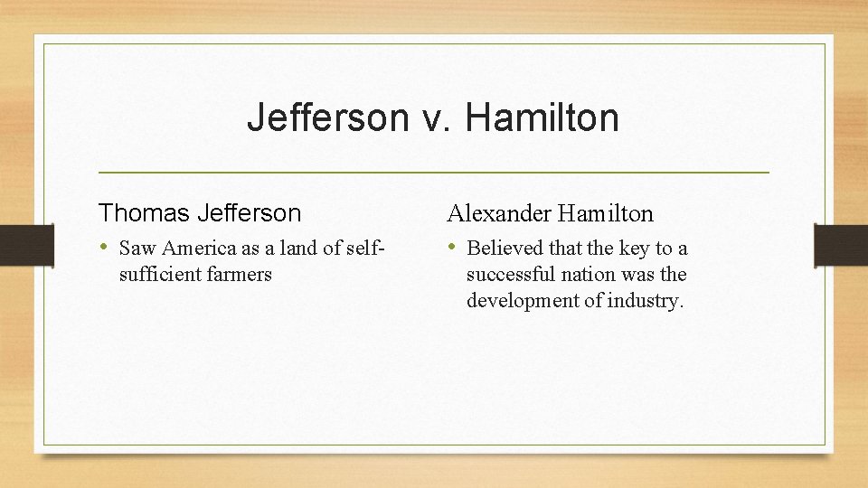 Jefferson v. Hamilton Thomas Jefferson • Saw America as a land of selfsufficient farmers