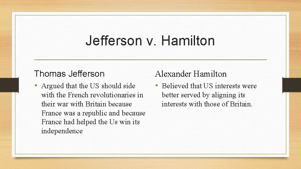 Jefferson v. Hamilton Thomas Jefferson • Argued that the US should side with the