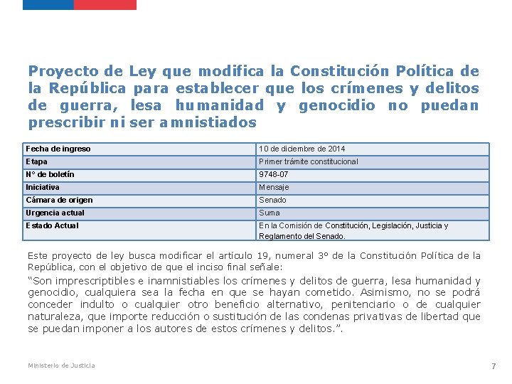 Proyecto de Ley que modifica la Constitución Política de la República para establecer que