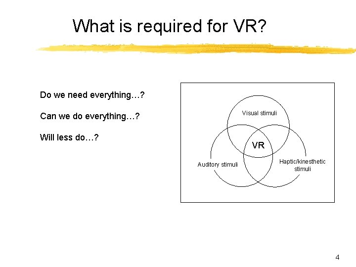 What is required for VR? Do we need everything…? Visual stimuli Can we do What is required for VR? Do we need everything…? Visual stimuli Can we do