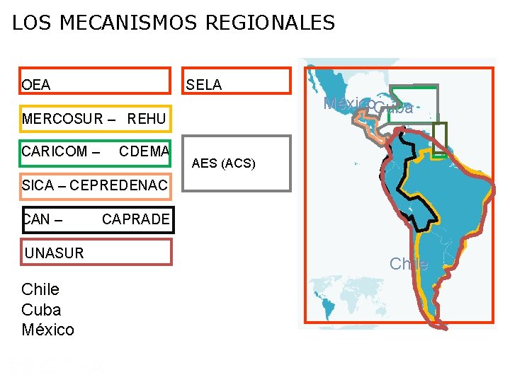 LOS MECANISMOS REGIONALES OEA SELA MERCOSUR – REHU CARICOM – CDEMA México. Cuba AES