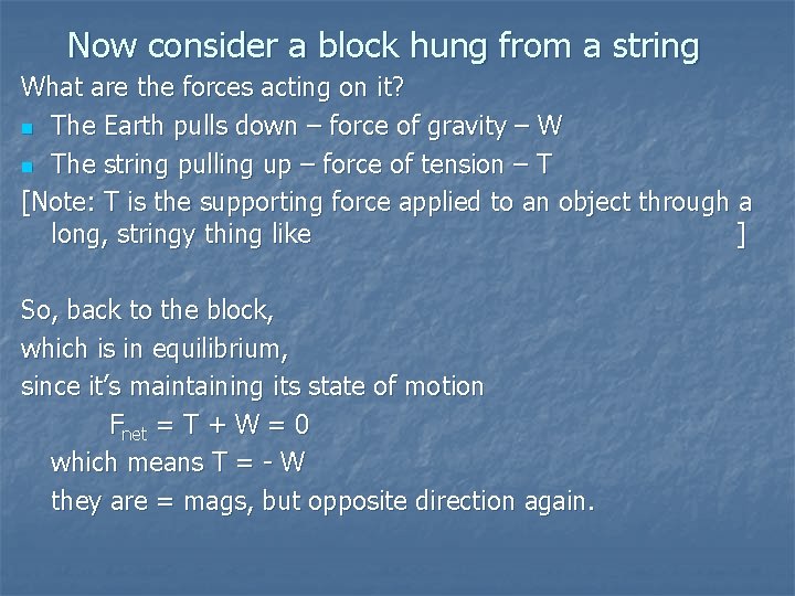 Now consider a block hung from a string What are the forces acting on