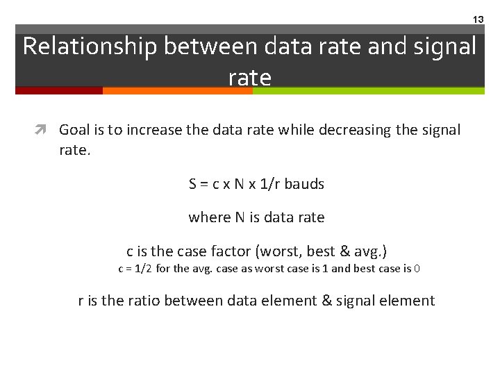 13 Relationship between data rate and signal rate Goal is to increase the data