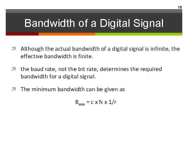 15 Bandwidth of a Digital Signal Although the actual bandwidth of a digital signal