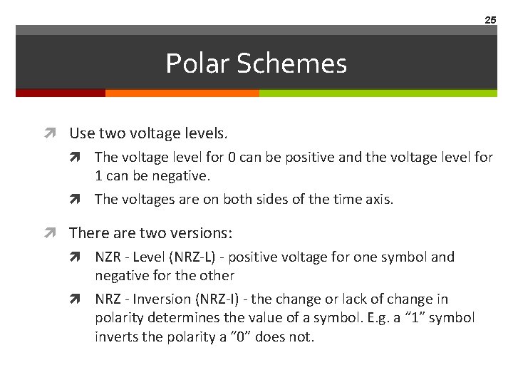 25 Polar Schemes Use two voltage levels. The voltage level for 0 can be