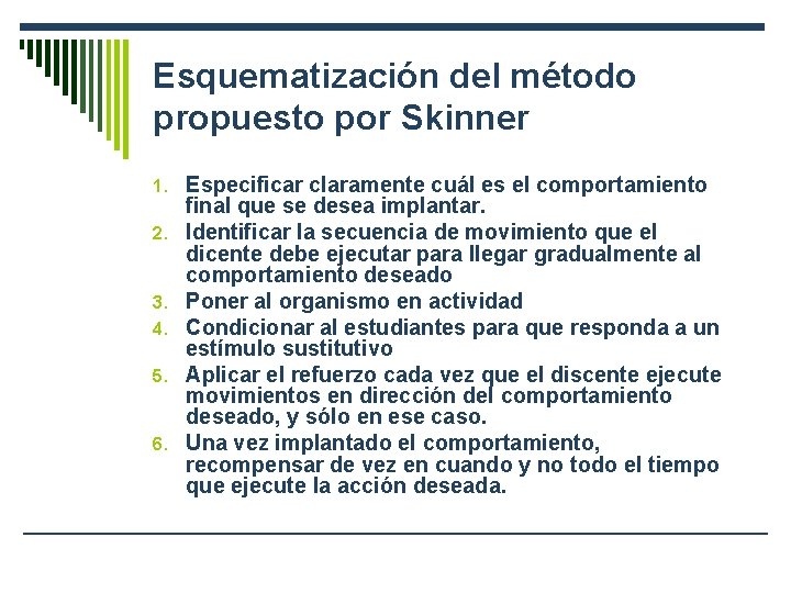 Esquematización del método propuesto por Skinner 1. Especificar claramente cuál es el comportamiento 2.