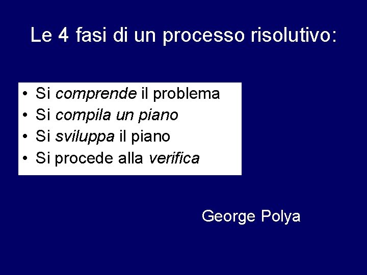 Le 4 fasi di un processo risolutivo: • • Si comprende il problema Si