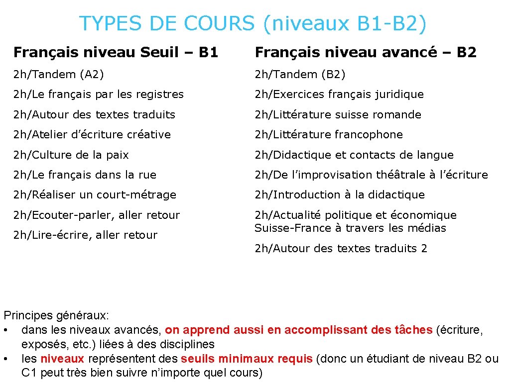 TYPES DE COURS (niveaux B 1 -B 2) Français niveau Seuil – B 1