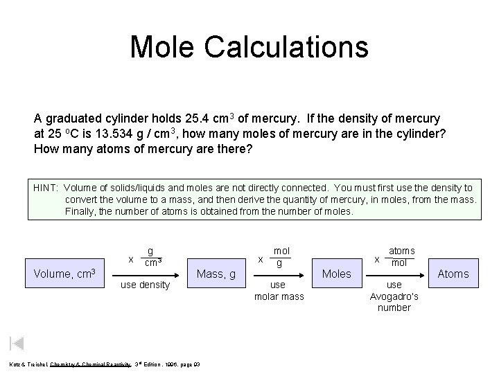 Mole Calculations A graduated cylinder holds 25. 4 cm 3 of mercury. If the