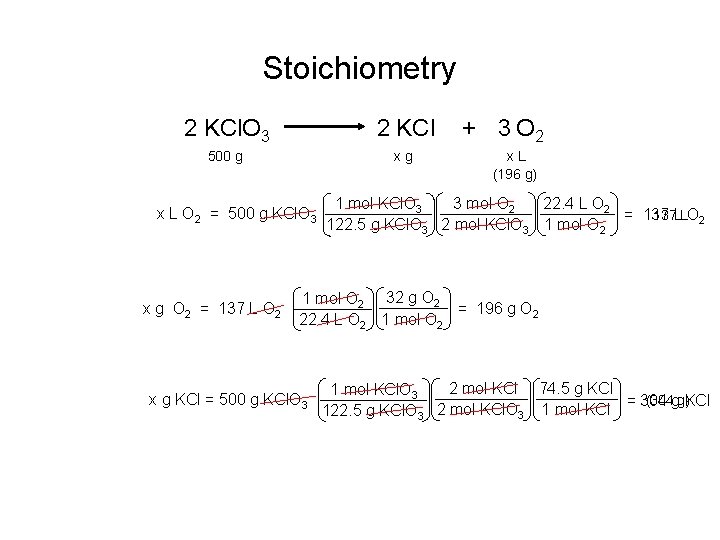 Stoichiometry 2 KCl. O 3 2 KCl 500 g xg x L O 2