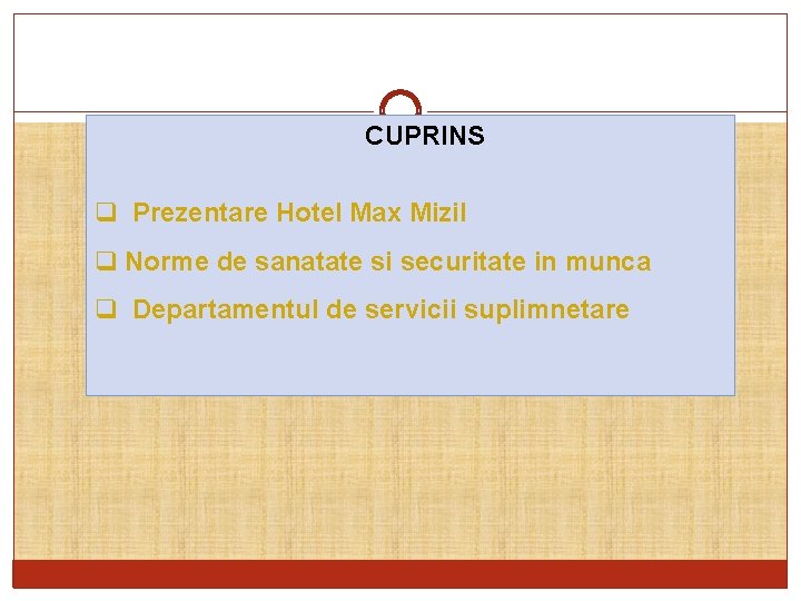 CUPRINS q Prezentare Hotel Max Mizil q Norme de sanatate si securitate in munca