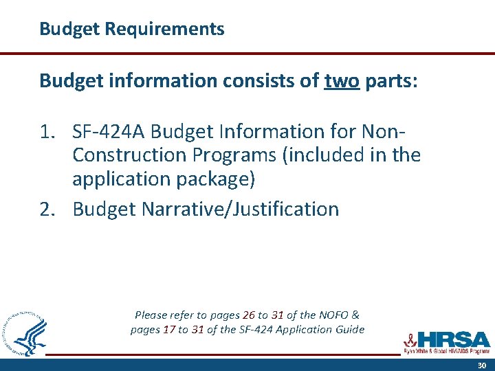 Budget Requirements Budget information consists of two parts: 1. SF-424 A Budget Information for