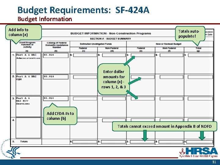 Budget Requirements: SF-424 A Budget Information Add info to column (a) Totals autopopulate! Enter