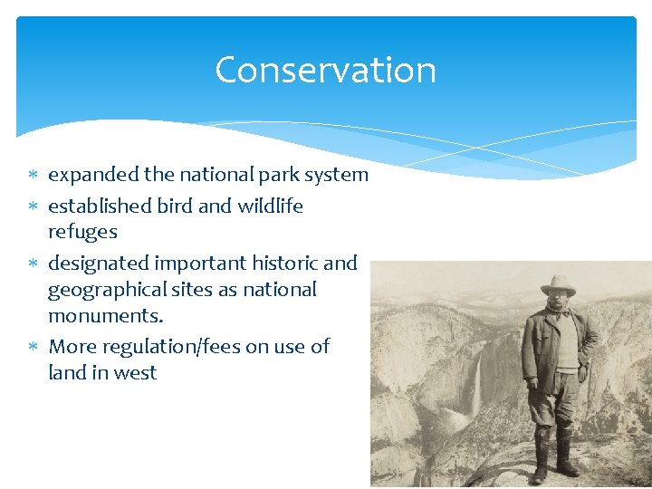 Conservation expanded the national park system established bird and wildlife refuges designated important historic