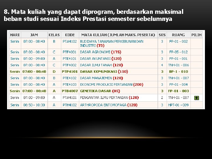 8. Mata kuliah yang dapat diprogram, berdasarkan maksimal beban studi sesuai Indeks Prestasi semester