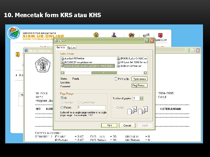 10. Mencetak form KRS atau KHS 