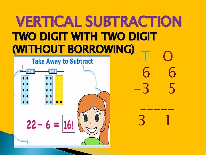 VERTICAL SUBTRACTION TWO DIGIT WITH TWO DIGIT (WITHOUT BORROWING) T O 6 6 -3