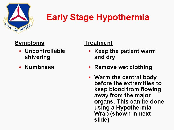 Early Stage Hypothermia Symptoms • Uncontrollable shivering • Numbness Treatment • Keep the patient Early Stage Hypothermia Symptoms • Uncontrollable shivering • Numbness Treatment • Keep the patient