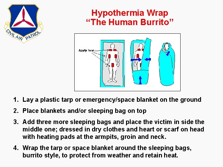 Hypothermia Wrap “The Human Burrito” 1. Lay a plastic tarp or emergency/space blanket on Hypothermia Wrap “The Human Burrito” 1. Lay a plastic tarp or emergency/space blanket on