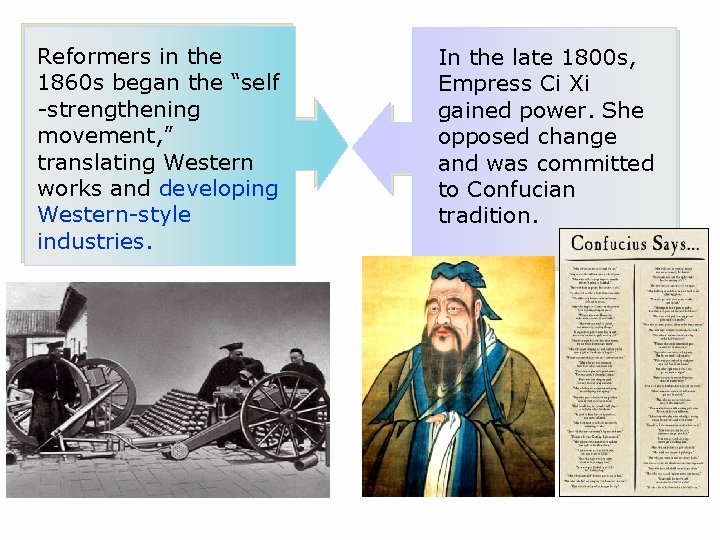 Reformers in the 1860 s began the “self -strengthening movement, ” translating Western works
