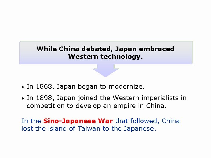 While China debated, Japan embraced Western technology. • In 1868, Japan began to modernize.