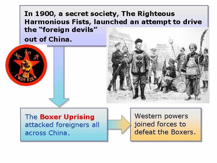 In 1900, a secret society, The Righteous Harmonious Fists, launched an attempt to drive