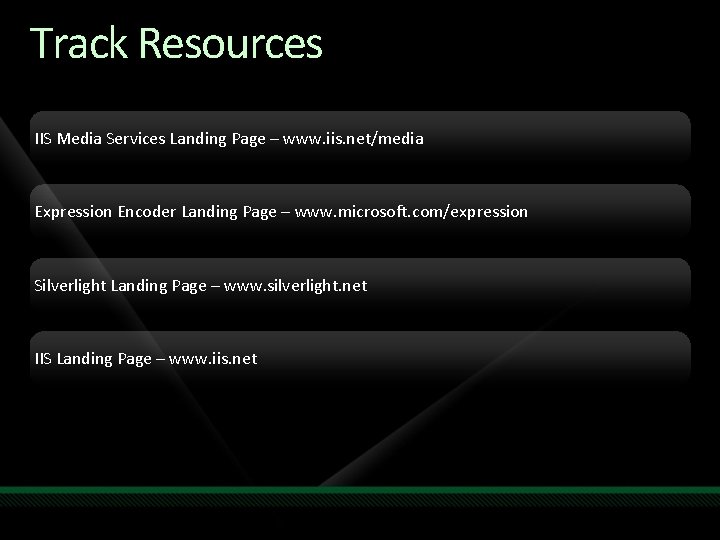 Track Resources IIS Media Services Landing Page – www. iis. net/media Expression Encoder Landing