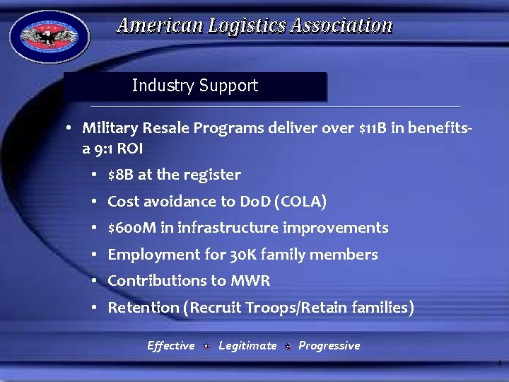 Industry Support • Military Resale Programs deliver over $11 B in benefitsa 9: 1