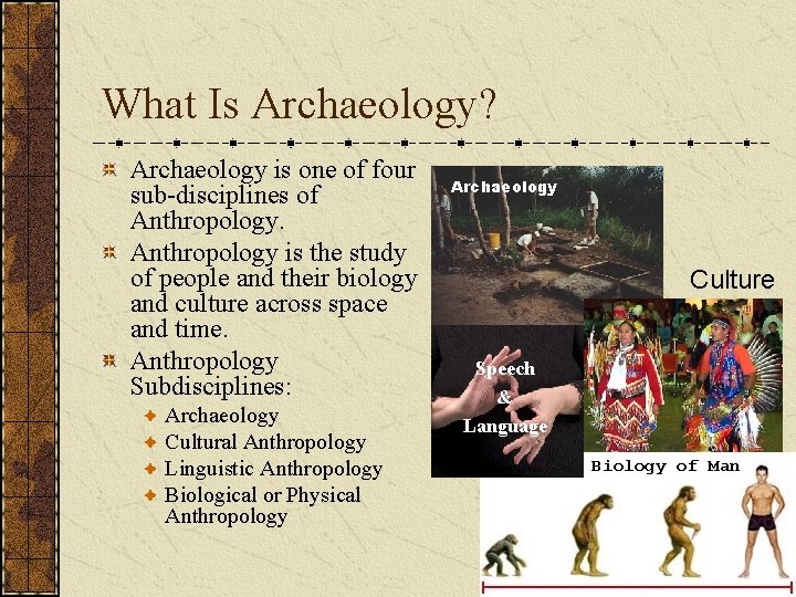 What Is Archaeology? Archaeology is one of four sub-disciplines of Anthropology is the study