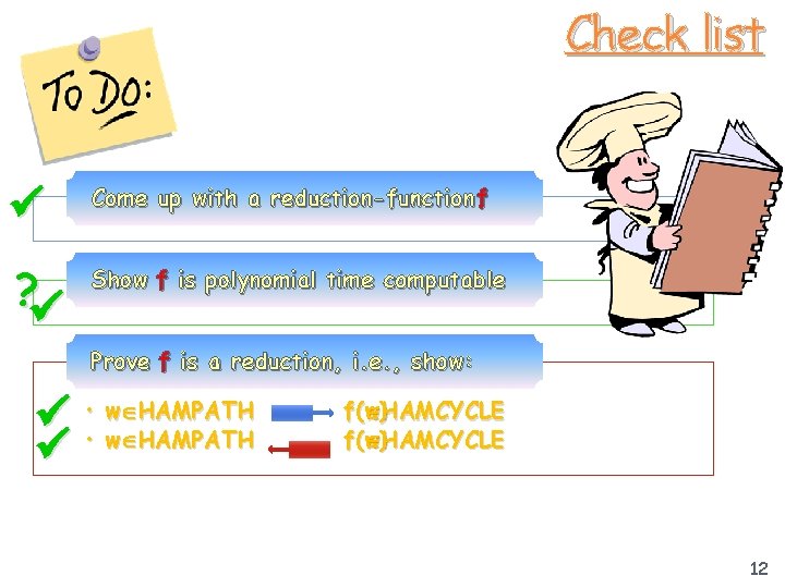 Check list Come up with a reduction-function f ? Show f is polynomial time