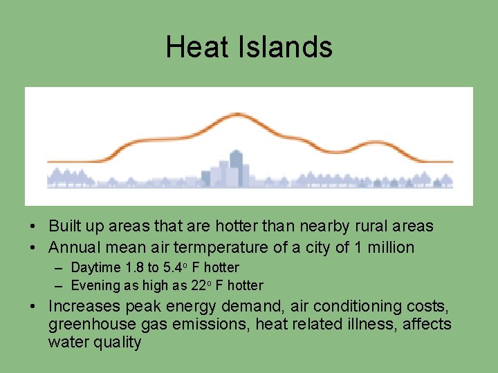 Heat Islands • Built up areas that are hotter than nearby rural areas •