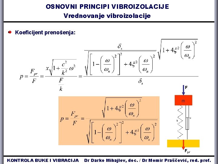 OSNOVNI PRINCIPI VIBROIZOLACIJE Vrednovanje vibroizolacije Koeficijent prenošenja: F m Fpr KONTROLA BUKE I VIBRACIJA