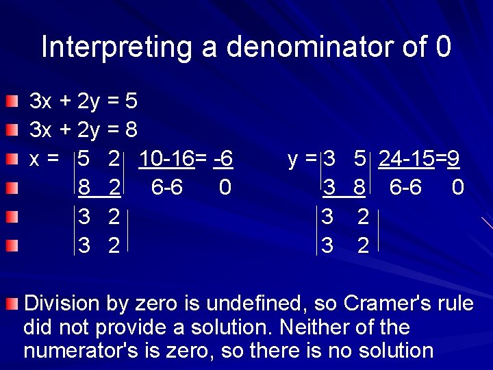 Interpreting a denominator of 0 3 x + 2 y = 5 3 x