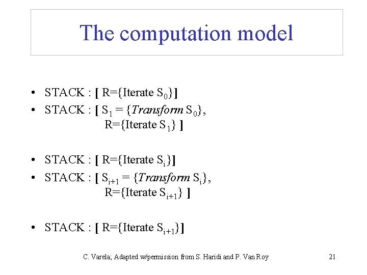 The computation model • STACK : [ R={Iterate S 0}] • STACK : [