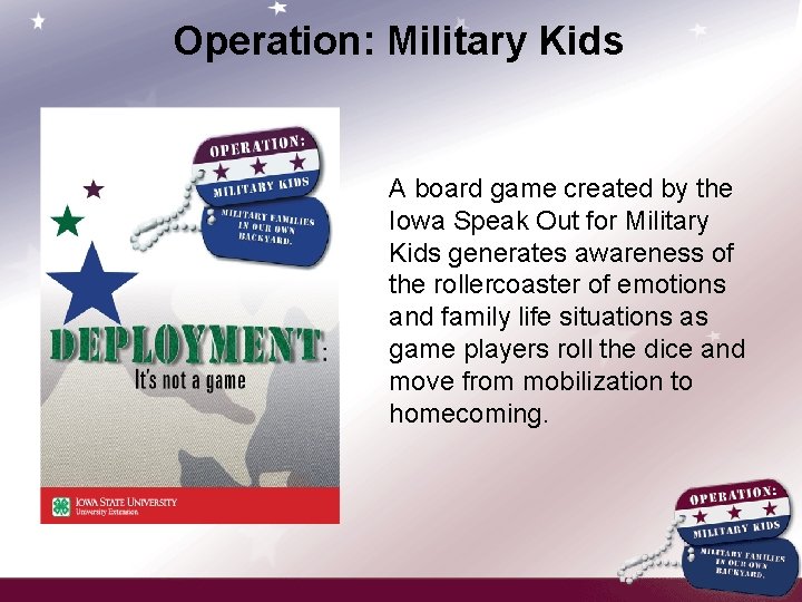 Operation: Military Kids A board game created by the Iowa Speak Out for Military