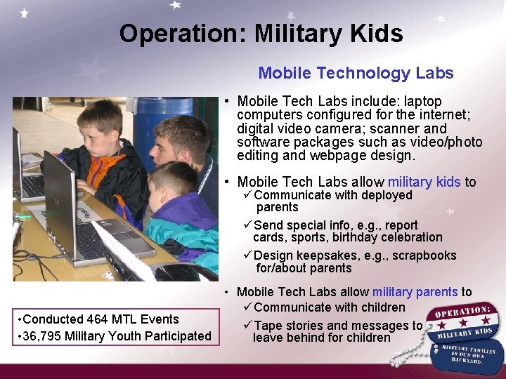 Operation: Military Kids Mobile Technology Labs • Mobile Tech Labs include: laptop computers configured