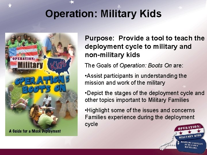 Operation: Military Kids Purpose: Provide a tool to teach the deployment cycle to military